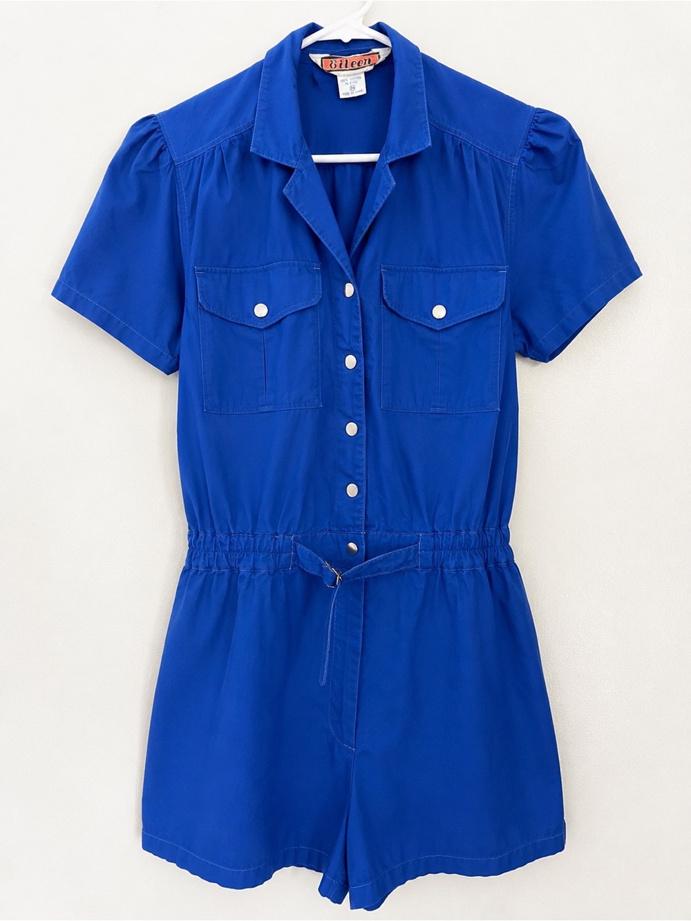 Vintage 80s Blue Cotton Utility Romper Jumpsuit Medium Retro Safari Playsuit